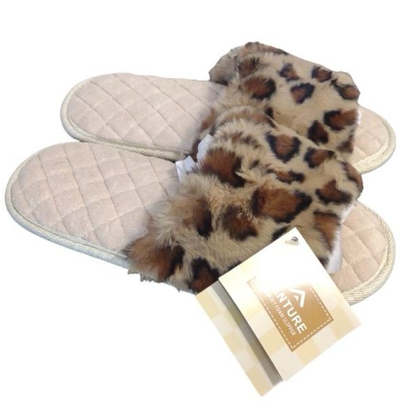 Fanture Memory Foam Open Toe Cheetah Womens Slippers Size M (7-8) - Picture 2 of 4